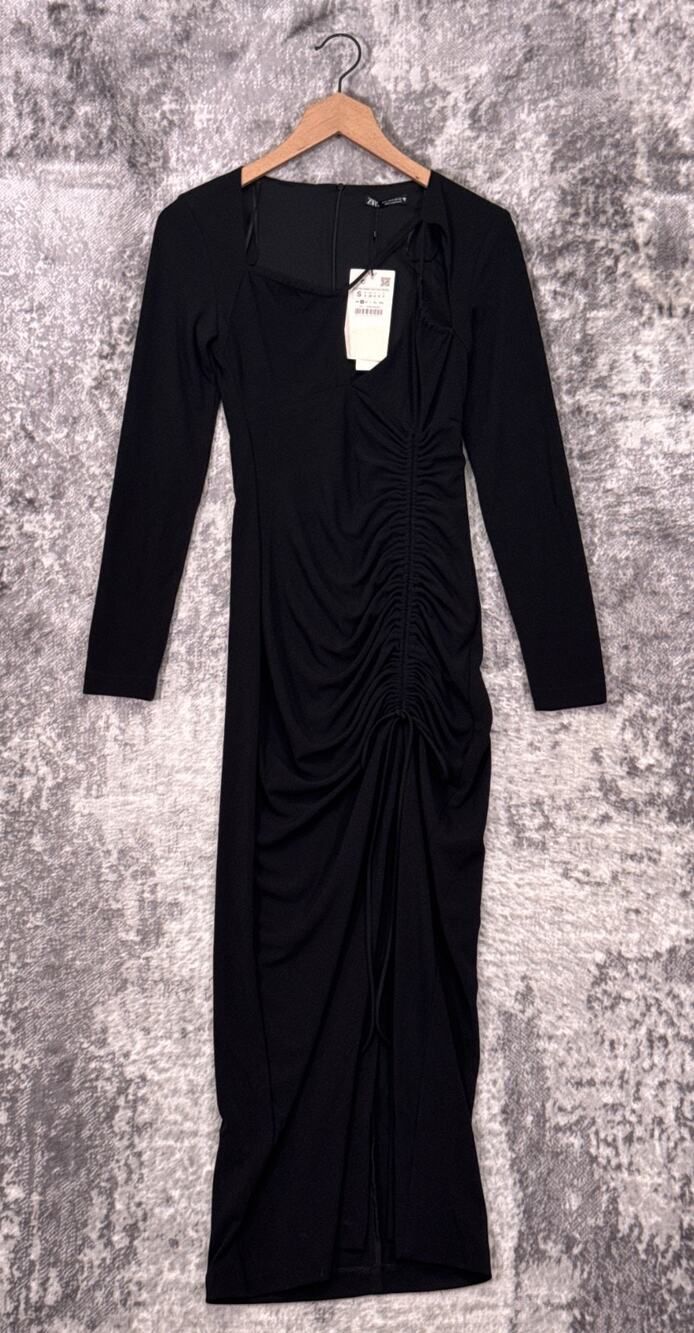 New Zara Dress Small Womens Black Front Cutout Long Sleeve Ruched Maxi Gown